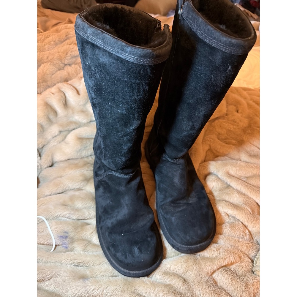 UGG Australia Black Suede Tall Sheepskin Lined Zip Boots Womens 10